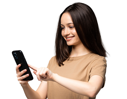 Young woman smiling while tapping on a smartphone at Mambourin Doctors.
